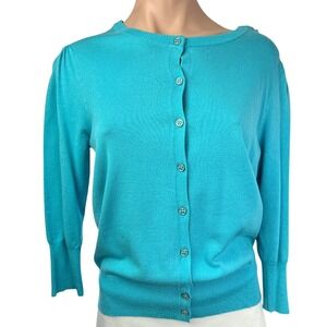 Jeanne Pierre Size S Blue Cardigan Sweater 3/4 Sleeve Button Front Viscose Blend